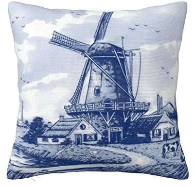 Quadrat Kissen Fall Blaue Nederland Niedliche Vintage Niederländische Windmühle Delft Kissen-Bezug Weich Kissenbezug Dauerhaft Wurfkissenbezug 45X45Cm Für Couch Zimmer Auto Schlafzimmer