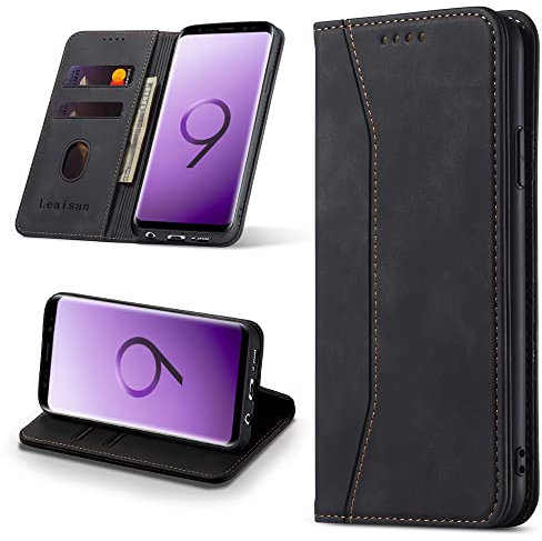 Leaisan Handyhülle für Samsung Galaxy S9 Hülle Premium Leder Flip Klappbare Stoßfeste Magnetische [Standfunktion] [Kartenfächern] Schutzhülle für Samsung Galaxy S9 Tasche - Schwarz