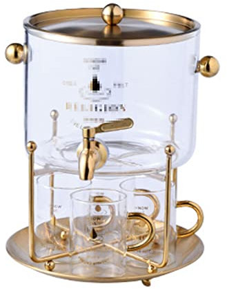 SYALEO Fria Dispensador de Bebidas de Vidrio con Espiga de Acero Inoxidable y Soporte de Metal, dispensador Decorativo de Bebidas frías con 4 Tazas, Tarro de Limonada para el hogar Garrafa de Agua