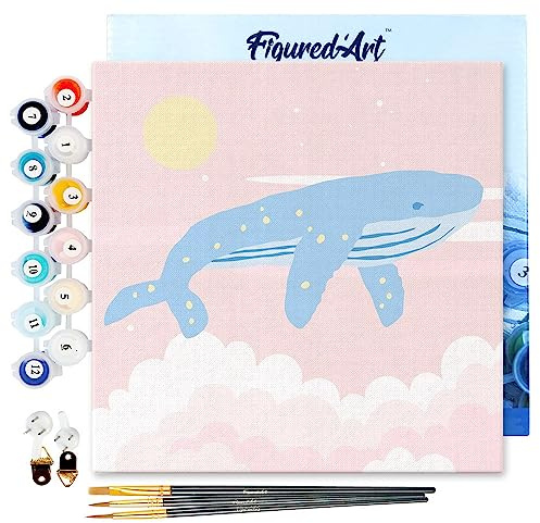 Figured'Art Mini Malen Nach Zahlen Erwachsene Mit Rahmen 20x20cm Kleines Format - Buckelwal - Paint by Numbers Basteln DIY Bastelset Leinwand gespannt auf Holzrahmen