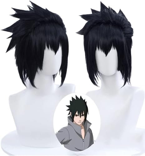 Anime Sasuke Uchiha Cosplay Perücke, Schwarz Kurzhaar Perücken Hitzebeständige Synthetische Halloween Kostüm Party Perücken Mit Kostenloser Perücke Cap