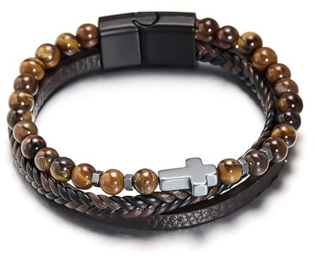 GROVBLE Kreuz Armband,Armband aus Tigerauge Steinperlen Armband mit Magnet Verschluss,Herren Armband,Schmuck Geschenke Für Männer für Herren Geflochten Kreuz Armbänder Geburtstagsgeschenk