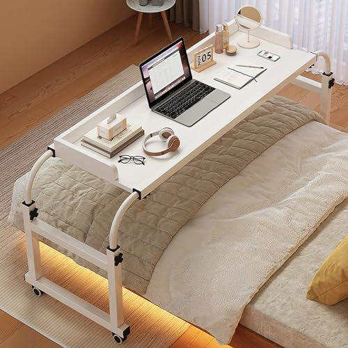 GXQFC Table de Lit avec roulettes, Hauteur Réglable Bureau D'ordinateur Poste de Travail Debout Plateau Alimentaire Table Médicale Roulante pour Cadre de Lit Double/Queen/King Size