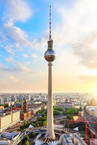 Acryl-Bild 80 x 120 cm: Skyline-Panorama von Berlin mit Rotem Rathaus und Fernsehturm bei Sonnenuntergang, Deutschland. (201048813)