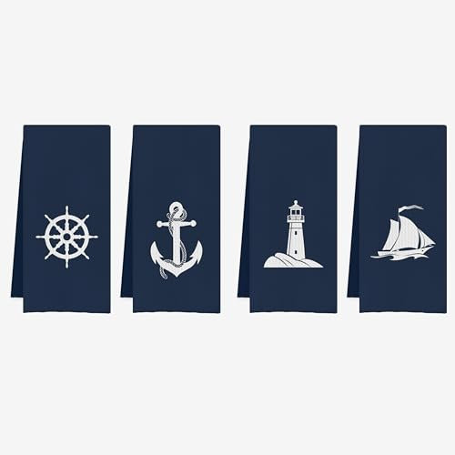 IWXYI Marineblaues nautisches Küchentuch-Set, nautische Badezimmer-Dekoration, 40,6 x 61 cm, nautisches Motiv, Anker, Leuchtturm, Ruder, marineblaue Handtücher für Badezimmer, 4 Stück