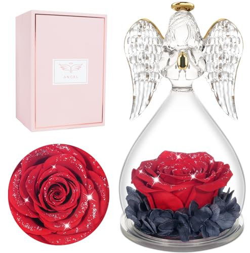 Miofula Ewige Rose Engel Figur Geschenke für Frauen, Geburtstagsgeschenk für Mama, Blume Schutzengel Glaskuppel, Infinity Rosen Geschenke für Mutter Oma Freundin zum Weihnachten Valentinstag Muttertag
