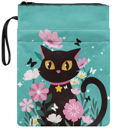 Belidome Buchhülle für Jungen, Motiv: schwarze Katze, blauer Buchumschlag, Schutz für Hardcover, Taschenbuch, Lehrbuch, Bibel, mit Reißverschluss-Vordertaschen