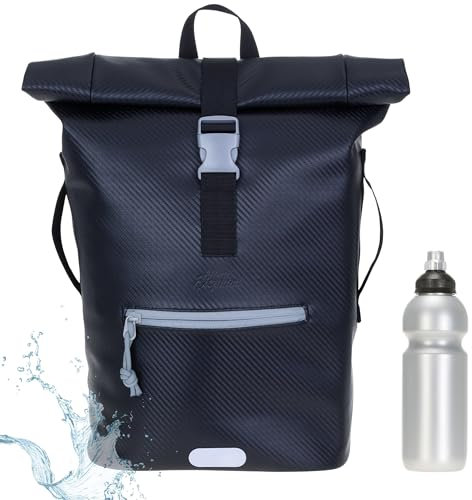 Rucksack Herren Plane Time Bag Kurierrucksack Roll-Top Fahrradrucksack Sport Fitness Damen 23 Liter A4 12821 + Flasche (Carbon Black Grey Asphalt 13075)