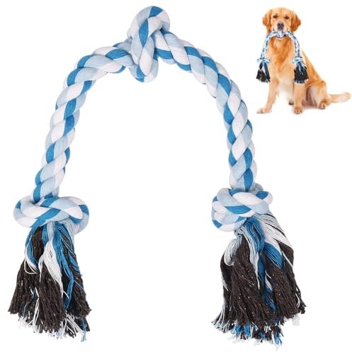 SZEETECH Dog Rope Toy, 63cm 3 Knots Chew Pull Toy for Large and Medium Dogs, Natural Cotton Pull Rope for Tug of War and Teeth Cleaning (Blue)