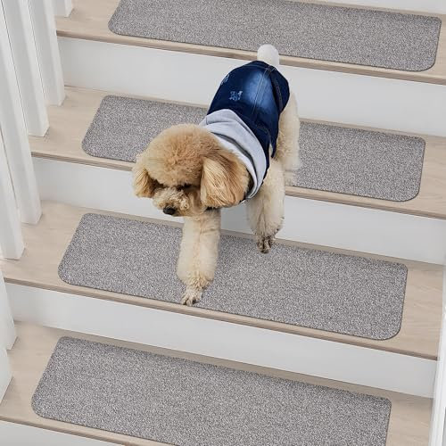 COSY HOMEER Stair Treads Mats for Indoor Staircases, 70x22 cm, 15 Pcs, Adjustable DIY Carpet Stair Treads for Kids Elders Pets, Self-Adhesive TPE Backing Carpet Stair Runners, Machine Wasable, Grey