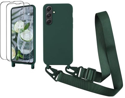 Coque avec Cordon pour Samsung Galaxy A35 5G, CaseLover Coque de Cellulaire Corde Silicone Étui avec 2 Pièces Protections d'écran avec Réglable Collier Téléphone Chaîne Lanyard Case Housse, Vert foncé