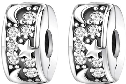 RMMY Charm Star and Moon Clip Stopper Charms 2pcs Anhänger für Armband Halskette Muttertag Geschenk für Frauen 925 Sterling Silber Beads with Zirkonia Schmuck