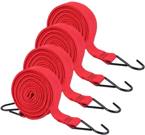 GAOHAN 4 Pack Bungee Cords with Hooks Heavy Duty 2m Long Bungee Straps Elastic Rope Luggage Bungee Straps Anti-slip Flat Elasticity Rubber Straps for Bike Tarp Camping Tent Car Roof Rack Fixings(Red)