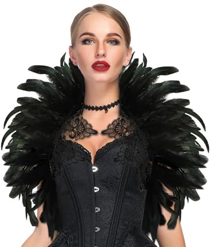Federkragen Schwarz Spitze, Gothic Kostüm, Feder Cape, Federschal, Federumhang Damen, Feder Achselzucken, Raben Kostüm für Halloween Fasching Karneval Cosplay Maskerade