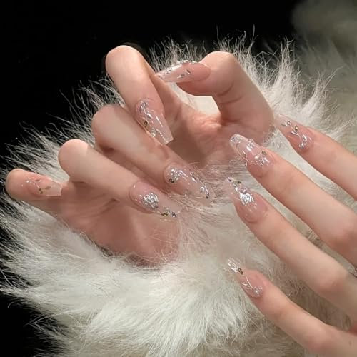 Pure Handmade Nails Press on Nail Reusable Fake Nails RhineStones Bling Bling Medium Stick on Nails French Tip False Nails 10pcs (M, Q303 NAILS)
