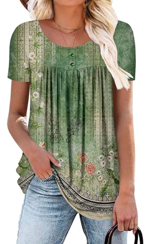 CHICZONE Women Short Sleeve Crew Neck Blouses for Women Shirt Pleated Tunic Tops for Leggings