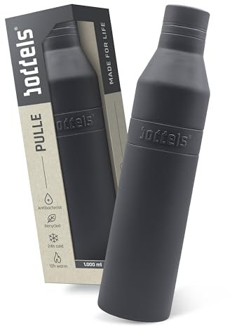 PULLE Edelstahl Trinkflasche 1l - spülmaschinenfest, 100% auslaufsicher, leicht zu reinigen, Kohlensäure geeignet, 24h kalt & 12h warm, recycelter Edelstahl (Anthrazit/Anthrazit, 1000ml)