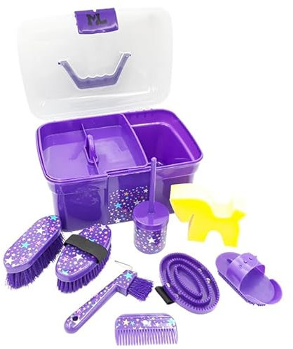 ML Pferde Putzbox für Kinder 8-teilig Inhalt Pferdeputzbox Pink Lila Sterne (Lila)