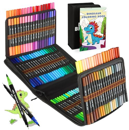 KIMIGO Dual Brush Pen Set,120 Farben Filzstifte Set,Fineliner und Pinselstifte mit Schwarzer Tragetasche und Malbücher,Pinselstifte Marker Aquarell Stifte
