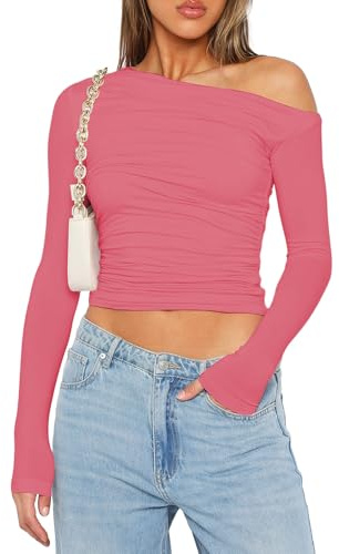 YILEEGOO Women Sexy Sleeveless One Shoulder Crop Tank Tops Ruched Tight Slim Fitted Workout Y2K Vest Top Trendy Cami Going Out Tops (Z1 Long Sleeve Barbie Pink, L)