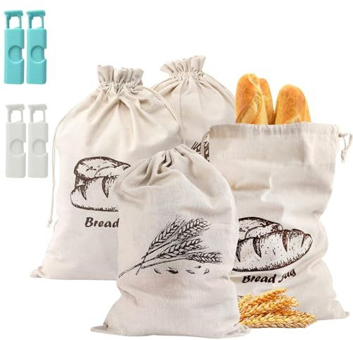 SPERO SPERA Brotbeutel, 4 Stück Leinen-Brotbeutel für hausgemachten Brotbehälter, 44 x 29 cm, ungebleichte und wiederverwendbare Brotaufbewahrung, natürliche, große Aufbewahrung für handwerkliches