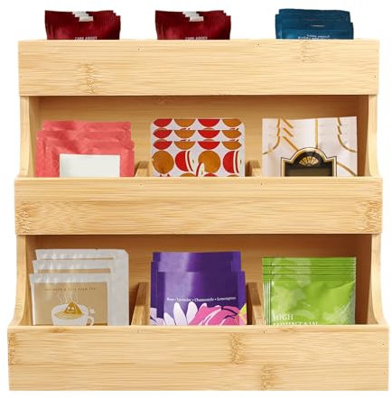 Sindipanda Natural Bambus Teebox mit 9 Fächer Teedose Teebeutel Aufbewahrung Organizer, 3 Etagen Trapezförmig Teebeutel-Organisator für Haushalte, Büros