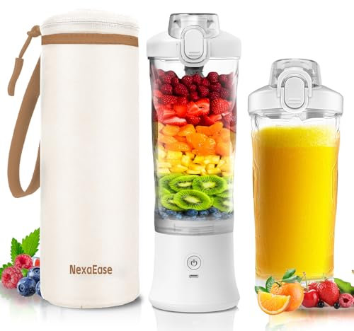 Portable Blender Personal Juicer with Insulated Sleeve for Shakes and Smoothies - 600ml Mini Blender Cup with Travel Lid, USB Rechargeable - Electric Protein Shaker for Kitchen, Travel, Office, Gym