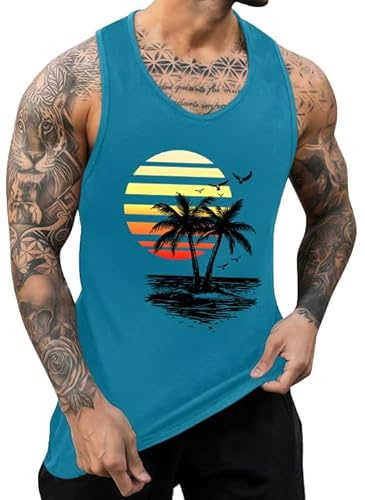 IWOLLENCE Débardeur d'été hawaïen pour homme - Col rond - Col rond - Décontracté - Sans manches, Coucher de soleil bleu 2 palmiers, XL