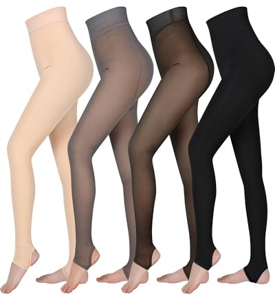 4 Pairs Fleece Lined Tights Women Fleece Translucent Leggings Winter Thermal Sheer Tights Warm Fake Pantyhose for Women Girl