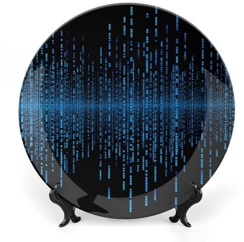 TKJMCSW The Blue Binary Matrix Deko-Teller aus Knochenporzellan, dekorative Teller, Porzellanteller, dekorative Teller für Präsentationen, Keramik-Dekoteller mit vertikalem Ständer, 20,3 cm