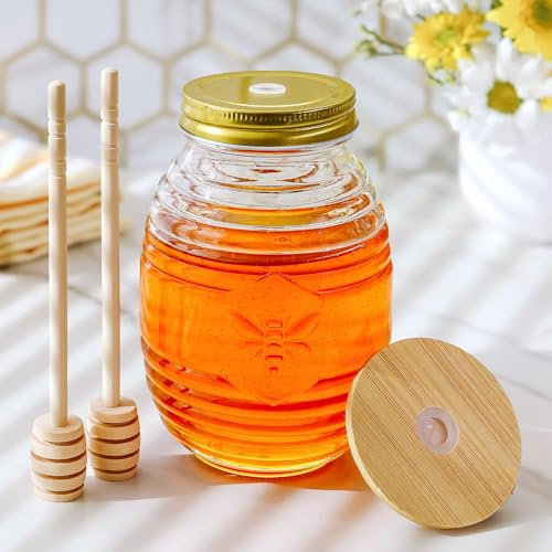 Kate Aspen Honigglas in Bienenstockform, mit zwei Honiglöffeln aus Holz, Bambus- und Metalldeckel, Küchendekoration, Bumblebee Babyparty-Preis, Geschenk zum Mitnehmen, Bienen-Dekorationen, 680 ml
