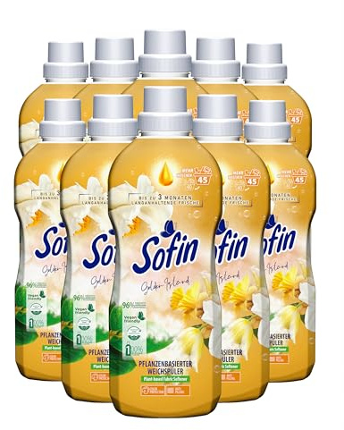 Sofin Lot de 10 adoucissants végétaliens Golden Island 0,81 l pour 45 lavages – Avec effet anti-boulochage, sans microplastique, linge doux et parfumé