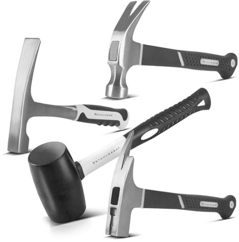 STAHLWERK Hammer 4er Set mit Klauenhammer, Maurerhammer, Latthammer und Gummihammer