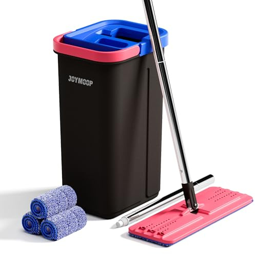 JOYMOOP Mop and Bucket Set for Home, Hands-Free Self-Cleaning System, with 3 Reusable Microfiber Mop Pads, Suitable for Floor Cleaning and Wall Cleaner - Black+Red+Slate Blue