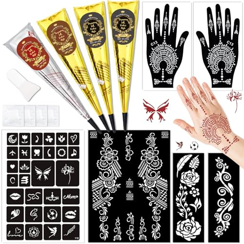Temporary Stencils Tattoos Kit, 4 Pcs Tattoo Cones 3 Color (2 Black 1 Maroon 1 Cherry Red) with Gloves Brush Tool,DIY Body Art Skin Painting Designs Fun for Family Friends Party Gifts