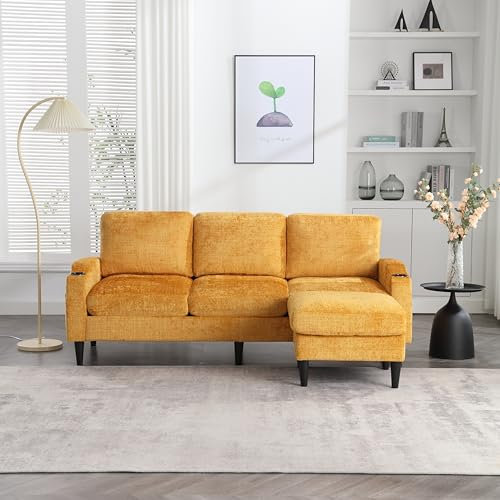 Canapé moderne avec repose-pieds, 4 places, en forme de L, avec porte-gobelet, poches latérales, espace de rangement, canapé d'angle en tissu chenille, convient pour salon, appartement, salon et