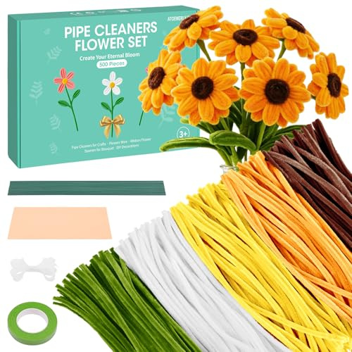 Pfeifenreiniger Blumen Set, 500 Stk Pfeifenputzer zum Basteln, Sonnenblumen | Pfeifenreiniger zum Basteln mit Schleifenband, Klebeband, Staubblätter, Blumendraht, Blumenpapier, Anleitung