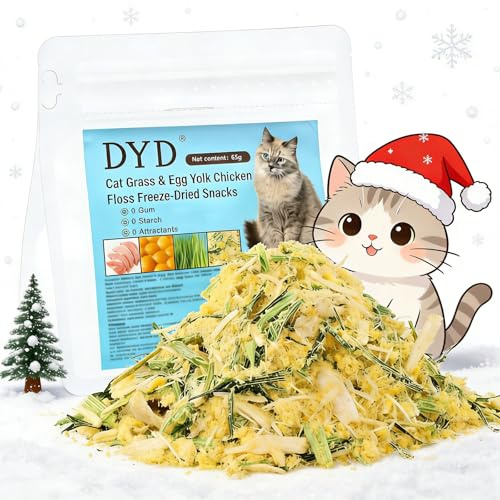 DYD Katzen Snacks gefriergetrocknet, Katzengras Hühnchen mit Eigelb - 65g, ≥45% Protein, reduziert Haarballen, gesunde Leckerlis für Katzen & Hunde