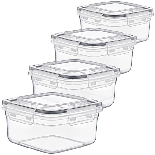 SUSTANIA Frischhaltedosen Set 4 Stück 1,5L Luftdicht Rechteckige Vorratsdosen Transparent mit Deckel 17,5x17,5x9,5cm Lebensmittelecht Aufbewahrungsdosen