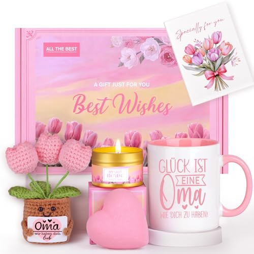 MUJUZE Oma Geschenk Geburtstag,Beste Oma Geschenke | Oma Tasse Geschenkset mit Stricken Tulpen Puppe,Muttertagsgeschenk ,Oma Geschenk zum Geburtstag Ideen
