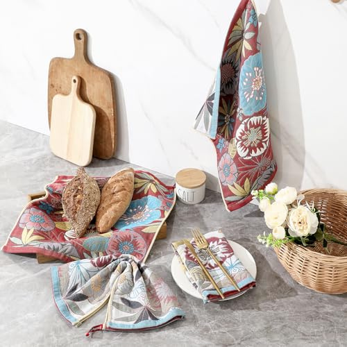 HOORDRY Doppelseitig Küchentuch aus 100% Baumwolle 4er Set | Dekorative Geschirrtuch mit Aufhängeschlaufen 41x39CM,Hoch Saugfähig Geeignet zum Händetrocknen und Reinigen der Küche