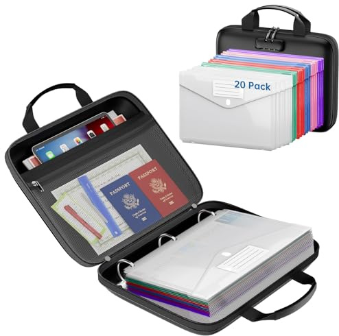 ZOOPIP Binder Folders Organizer with 20 Pack Heavyweight Plastic Pockets,Fireproof File Folder Box with Lock,Zipper Binder Bag for Important Documents,Letter Size
