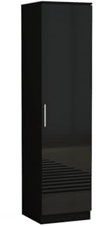 URBAN FURNISHING High Gloss Single Wardrobe with Shelves – Single Door Tall Wardrobes for Bedroom | Sleek Bedroom Wardrobes for Clothes, Shoes & Toy Storage (Black)