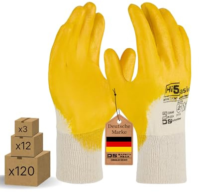 Hi5 X-Basic Arbeitshandschuhe – Interlock-Baumwolle – 3/4 glatte Nitrilbeschichtung – EN 388:3111X – robust & griffig – weiß/gelb (XL, 120, stück)