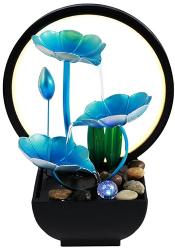 YUNYOUC Tabletop Fountain, 3-Tiers Water Lily Leaf Small Waterfall Fountains, Indoor Water Fountain with Rocks and LED Ring Lights, Desktop Fountains for Home Bedroom Living Room Office Decor(Blue)