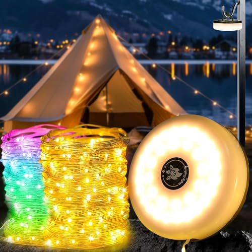 GCCATE 10M Camping String Lights Retractable Fairy Lights, Coloured | Portable, Waterproof, Rechargeable, 2000mAh Battery, 8 Lighting Modes, Torch Function, for Tent RV Yard Patio Garden Decor