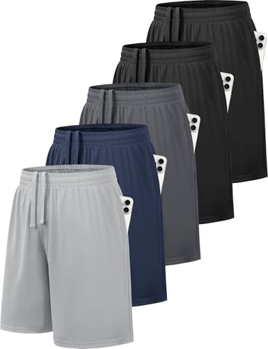 GetGigt 5 Pack Boys Shorts Kids Youth School PE Football Basketball Sports Shorts Quick Dry with Elastic Waist Pockets (M,Black, Black, Dark Grey, Navy, Light Grey)