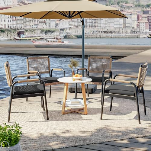 4er Set Rattan Garten Terrasse Sessel mit dicken Kissen Allwetter Polyrattan Esszimmerstühle Schwerlast Schwarz Metallrahmen für Garten, Balkon, Veranda, Rasen, Wintergarten, Hinterhof, Pool