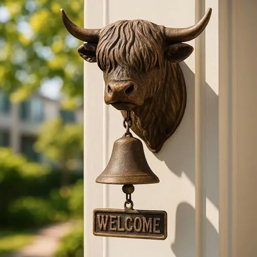 Highland Cow Welcome Bell, 3D Vintage Highland Cow Themed Doorbell, with Welcome Sign, Cast Iron Resin Farmhouse Decor, for Front Door Porch Garden Farm Rustic Welcome Decor (brown)