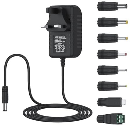 24V DC Power Supply,AC/DC Adapter 100-240V 50/60HZ 24Volt,24V 1A Power Adapter,for Essential Oil Diffuser Humidifier Air Cleaner LED Strip Light CCTV Camera Nail Lamp,UK Plug and 8 Tips (Black)